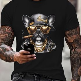 Cool Hip-hop Dog Gold Chain Pattern Print, Men's Round Neck Short Sleeved T-shirt, Casual Men's Top, Men's Daily Comfortable Clothing (Color: Black, size: 3XL)