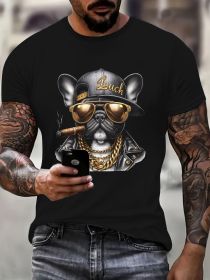 Cool Hip-hop Dog Gold Chain Pattern Print, Men's Round Neck Short Sleeved T-shirt, Casual Men's Top, Men's Daily Comfortable Clothing (Color: Black, size: S)